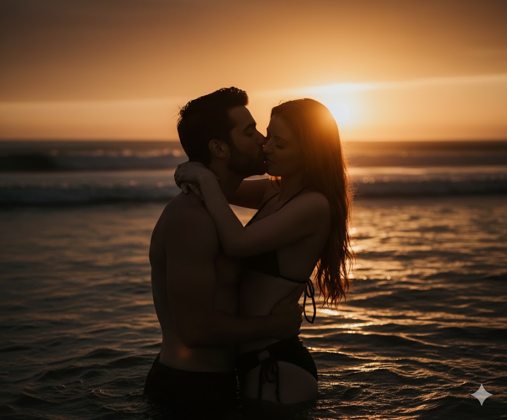 Casal na Praia Beijo no Por do Sol